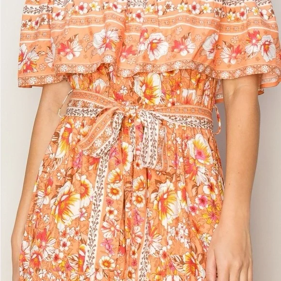 Off the Shoulder Floral Orange Maxi Dress NWT - Picture 5 of 10